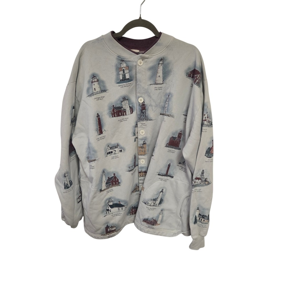 Vintage Great Lakes Lighthouses Button Front Sweatshirt Cardigan Light Blue XL